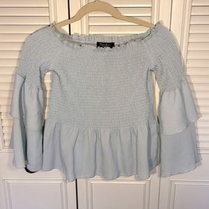 Papillon Blouse Smocked Bell Sleeve Baby blue Fairy Cottage Sz XS